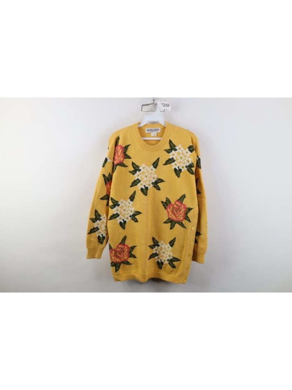 Vtg 90s Streetwear Womens Medium Abstract Flower Knit Crewneck Sweater Yellow